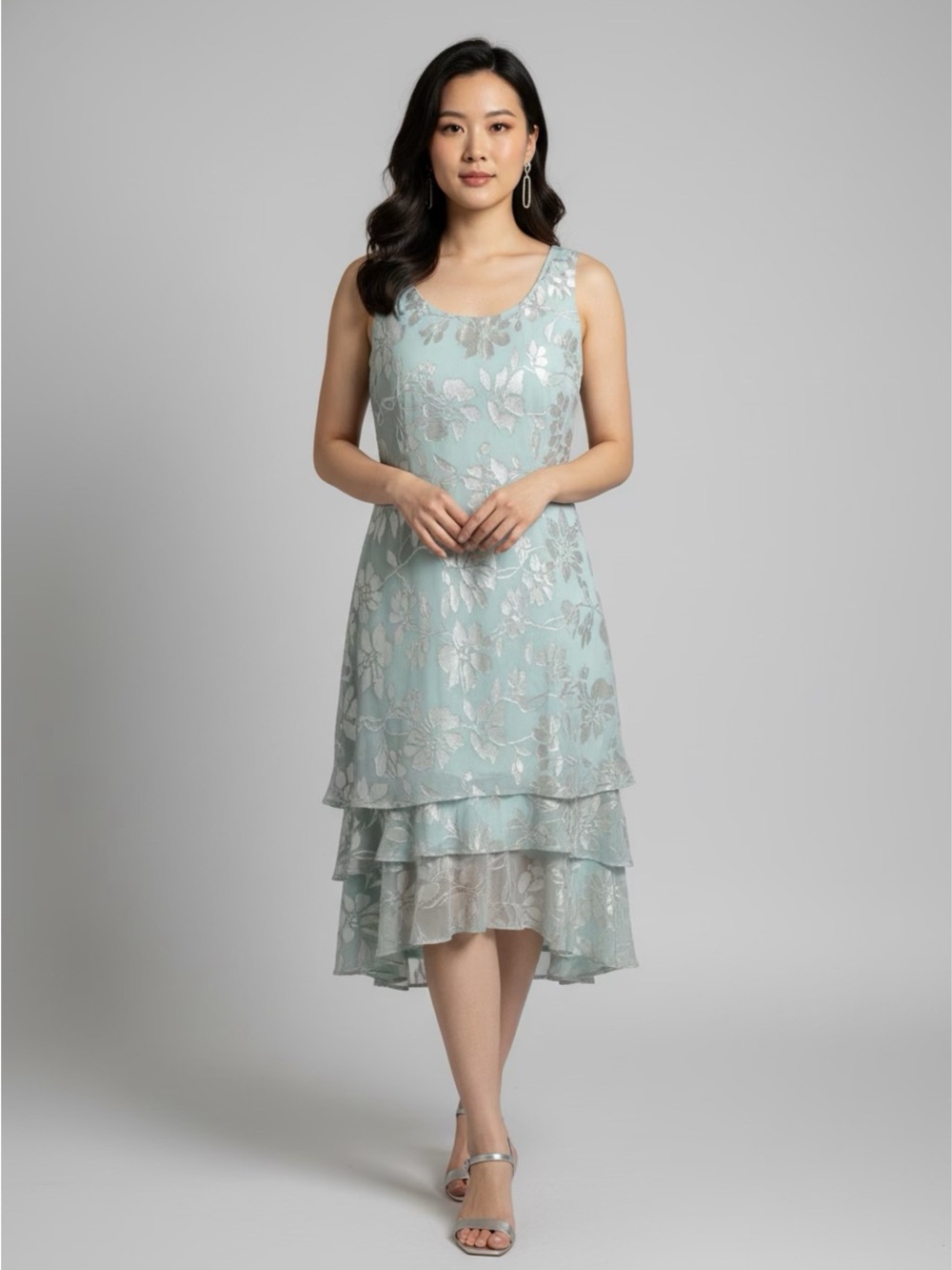 R&M Richards Mint Green and Silver Floral Asymmetrical Dress